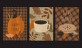 Vector illustration - set of thanksgiving cards. cards with hand drawn pumpkin, pie and a cup of coffee.